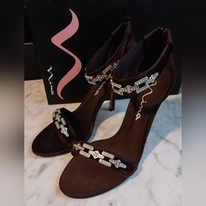 Nina Brown Jeweled Heeled Sandals